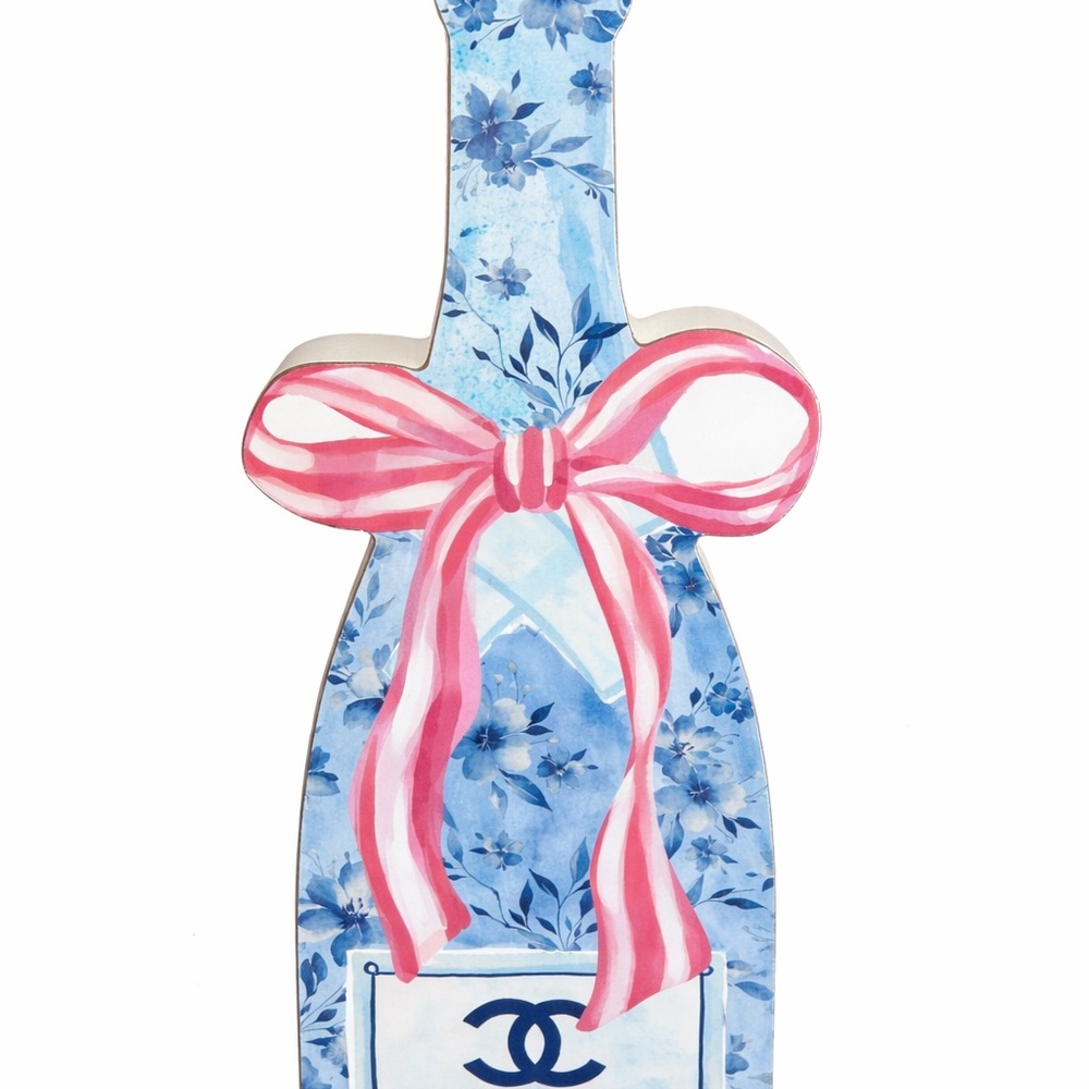 Chanel Floral Champagne Bottle Wall Home Decor Blue Pink Bow luxury Art NWT - Picture 3 of 7